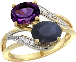 14K Yellow Gold Diamond Natural Amethyst & Australian Sapphire 2-Stone Ring Oval 8x6mm, Size 10