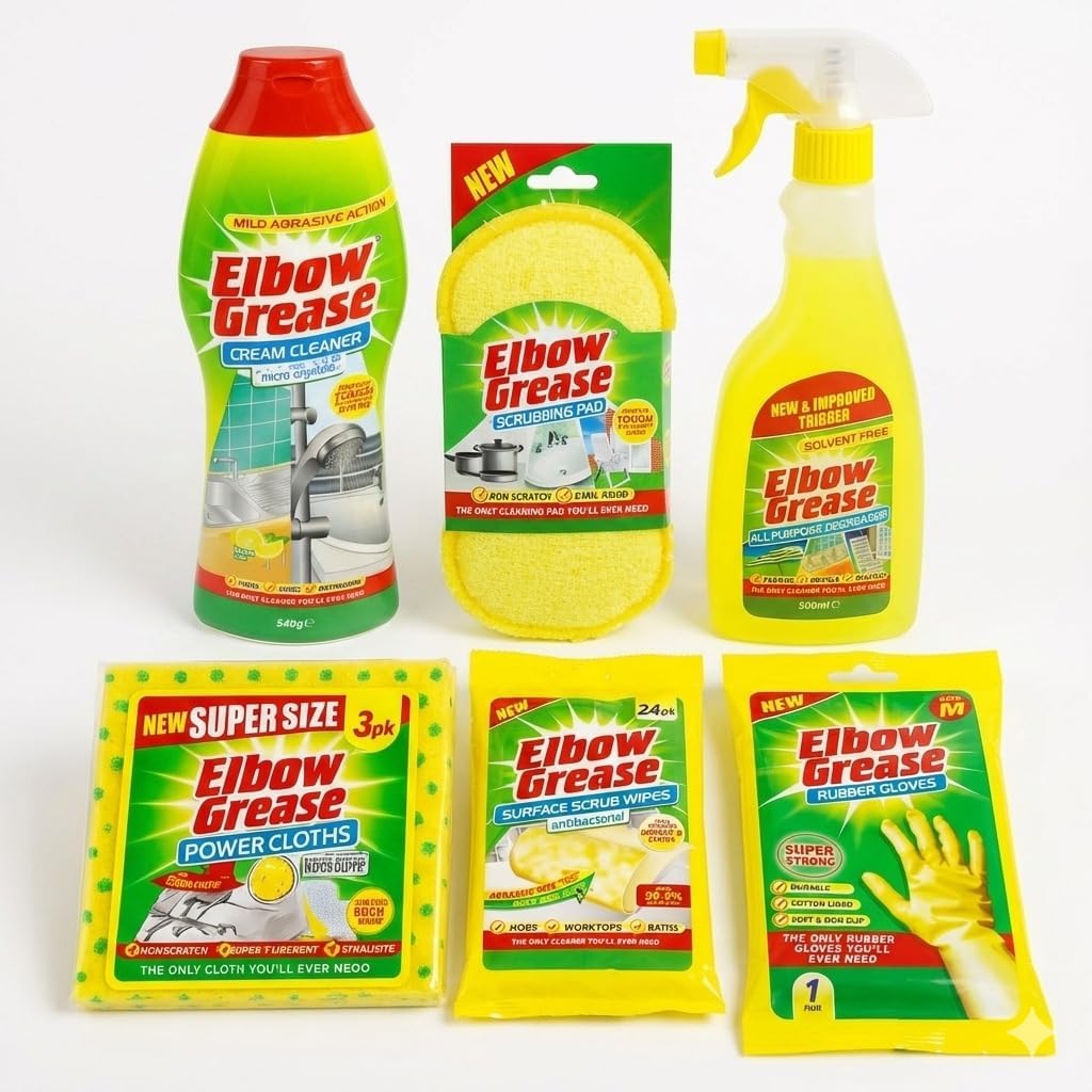 Elbow Grease Ultimate Cleaning Bundle, 6-Piece Set – Includes All Purpose Degreaser Spray (500ml), Cream Cleaner (540g), Power Cloths (3pk), Antibacterial Surface Scrub Wipes (24pk), Dual Sided Scrubb