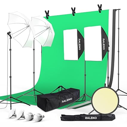 RALENO Photography Lighting Kit, 8.5x10ft Background Stand with Green Screen, 5x85W 5500K Softbox Studio Lighting Kit with Umbrellas for Product Photography, Portrait and Video