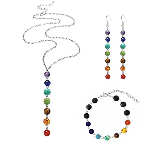 Chakra Necklace Bracelet Earring Set For Women, Handmade Yoga Healing, Meditation, Calm, Anxiety Relief Jewelry Natural Stone Beading Set For Women