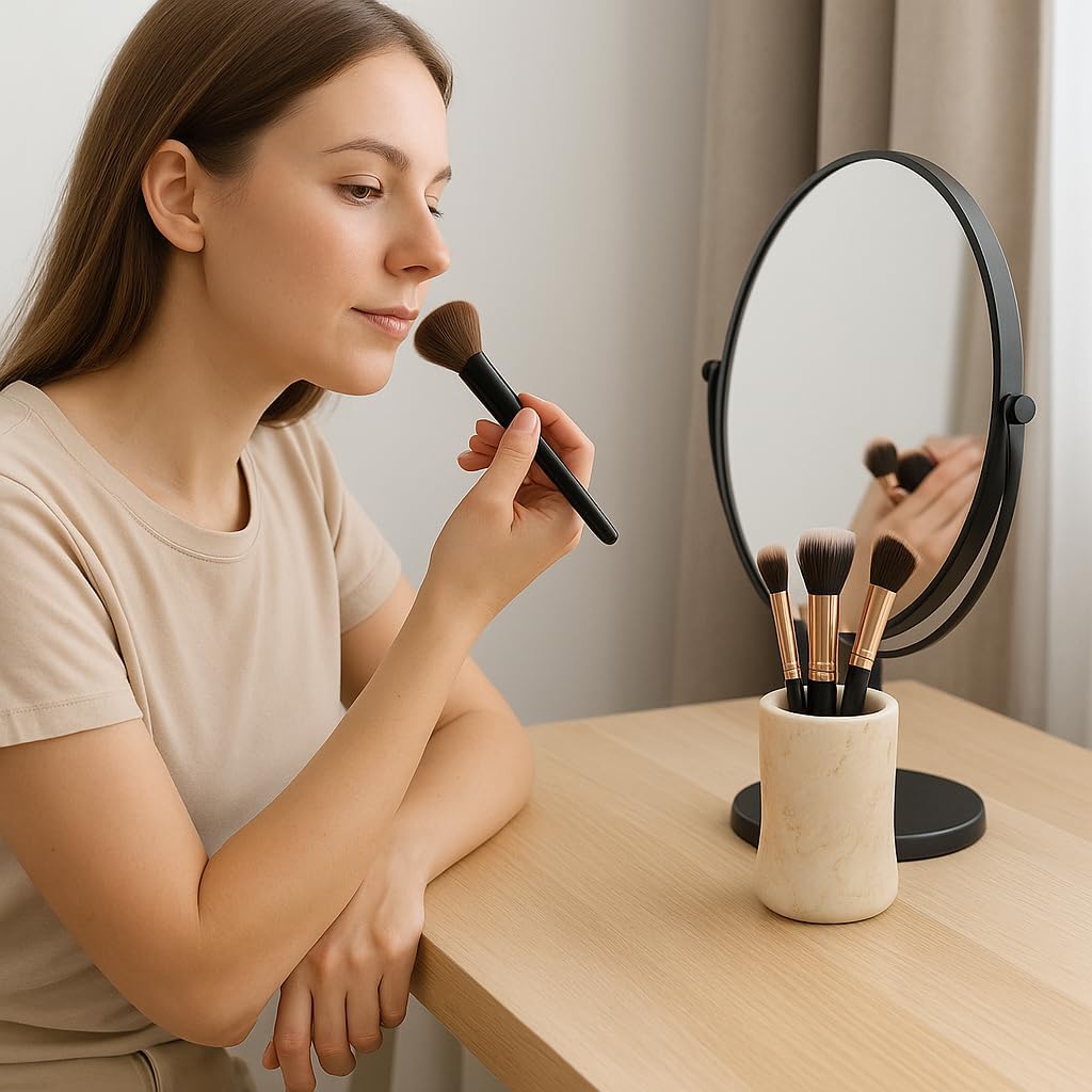 Creative Home Natural Champagne Marble Curvy Collection Tumbler Toothbrush Holder Makeup Brush Holder Bathroom Countertop Organizer, Beige, 3.3 Diam. x 4.5 H Inch