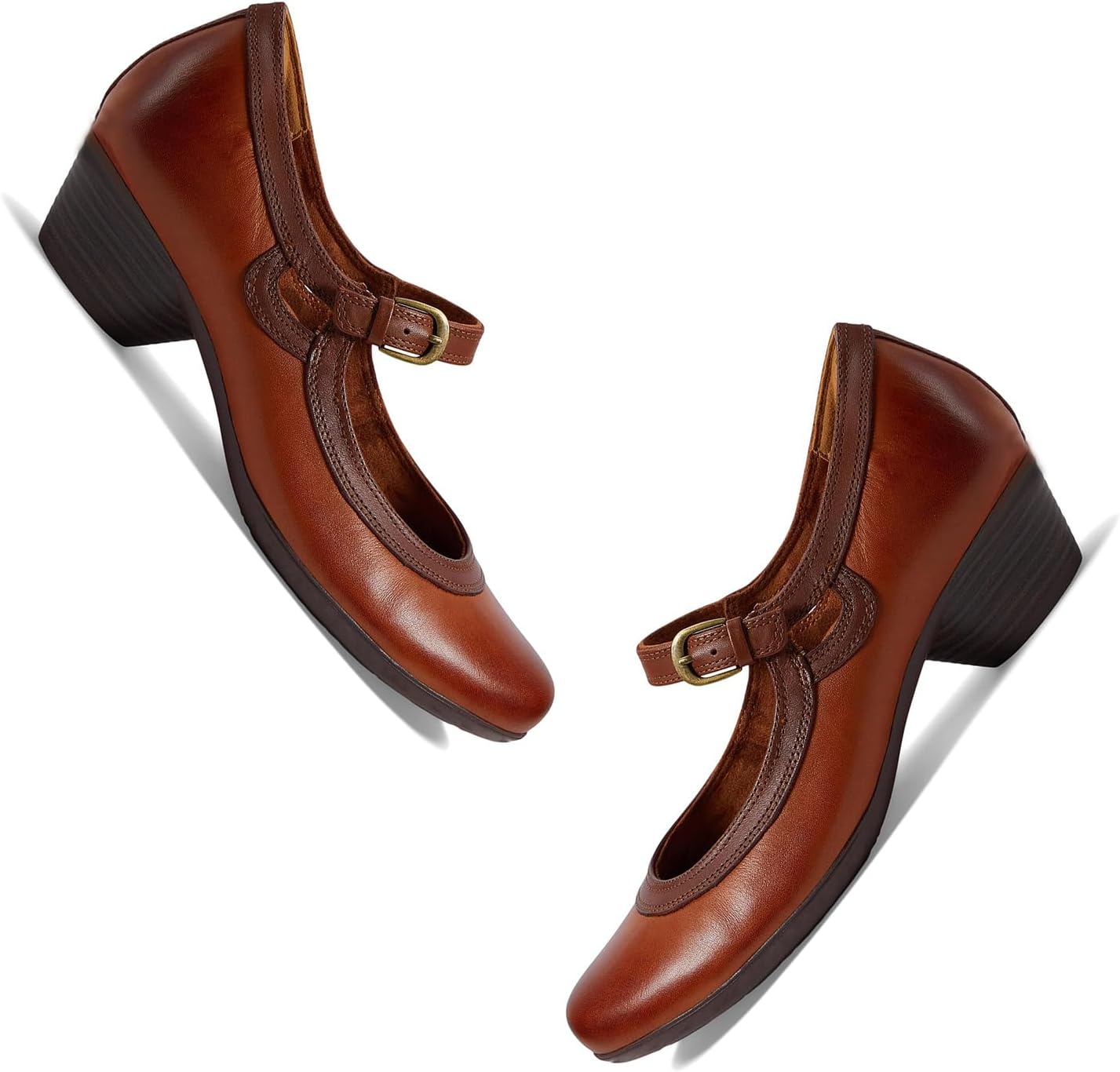 SHODENSE Women Retro Brown Chunky Heel Mary Jane Shoes Round Toe Ankle Strap Dress Pumps Sandals 2 inch Mid Block Heel Mary Janes Two Tone Matte Buckle Cute Wedding Casual Tan 9 M US - Image 5