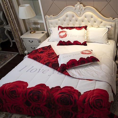 Miniatura 4 de Juego de edredón 3D Queen  Juego de edredón con estampado de rosas rojas y blancas tamaño Queen, juego de ropa de cama con 2 fundas de almohada para
