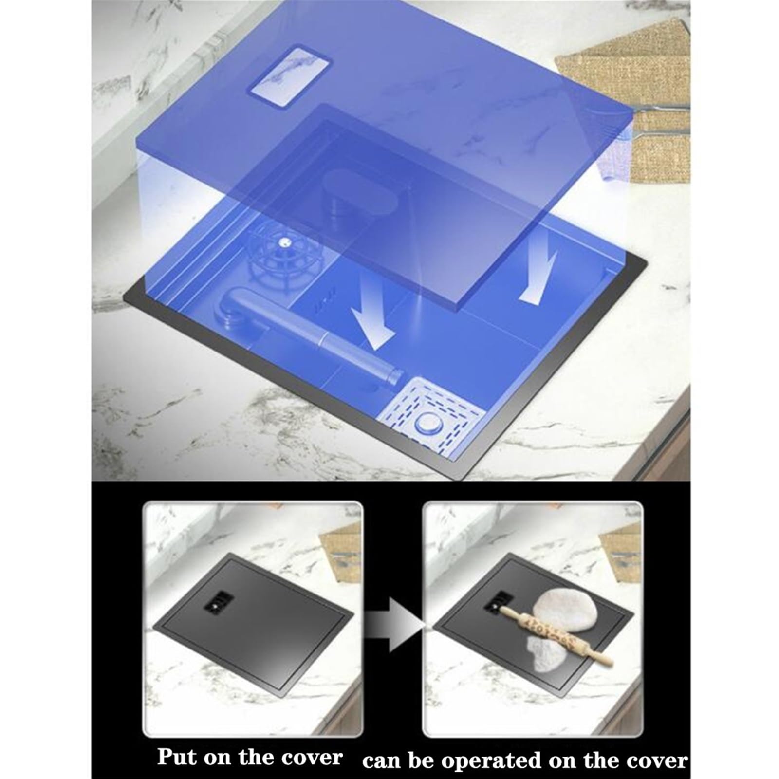 Fregadero Oculto Con Cubierta, Grifo Extraíble Elevable Y Enjuagador De Vasos – Cubeta Simple De Acero Inoxidable Para Autocaravanas, Cafeterías Y Barras De Bar(Black steel)