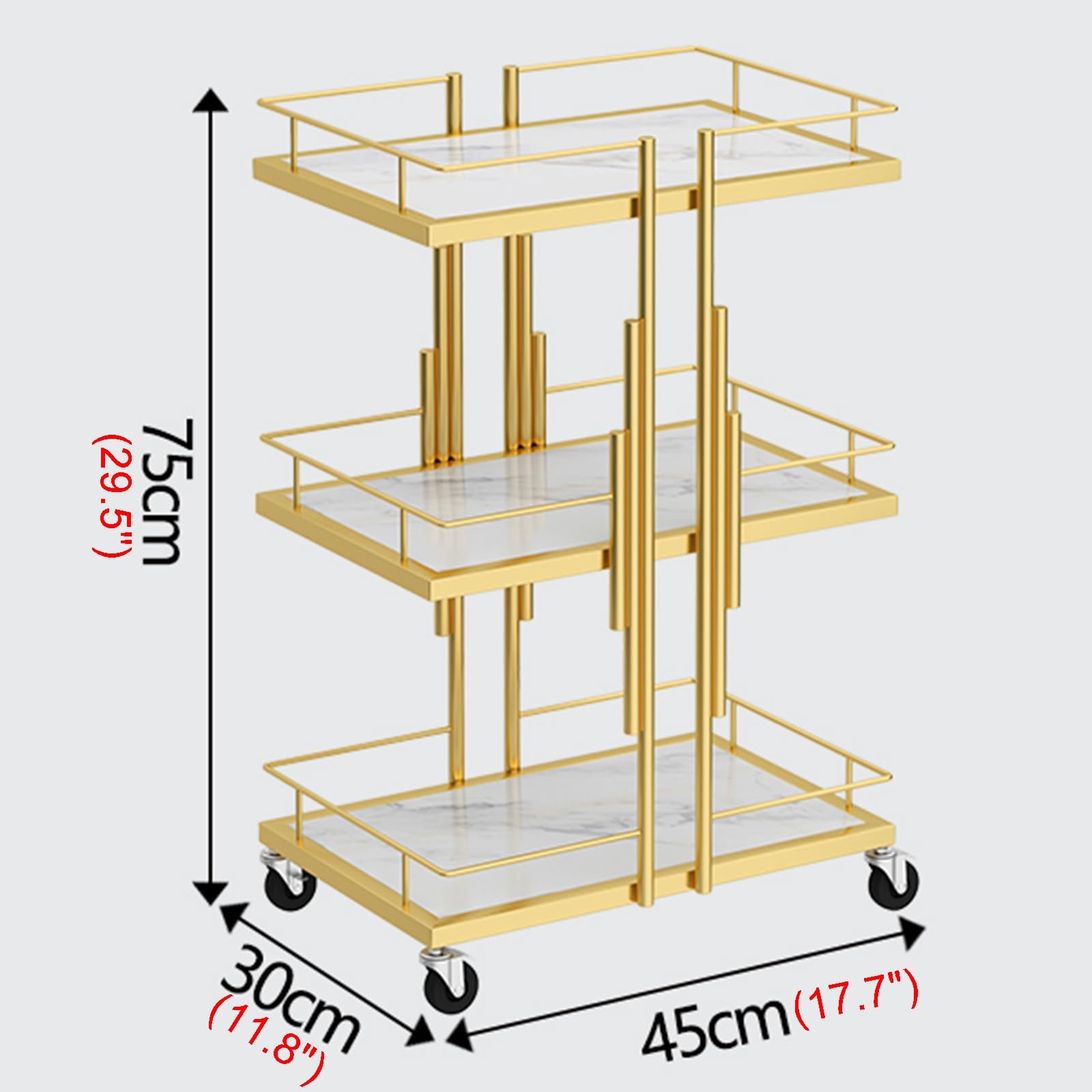 Carrello portaoggetti a 3 livelli, grande capacità, con robusto telaio in metallo, facile mobilità, con ruote, elegante finitura dorata, per l'organizzazione domestica e l'ufficio