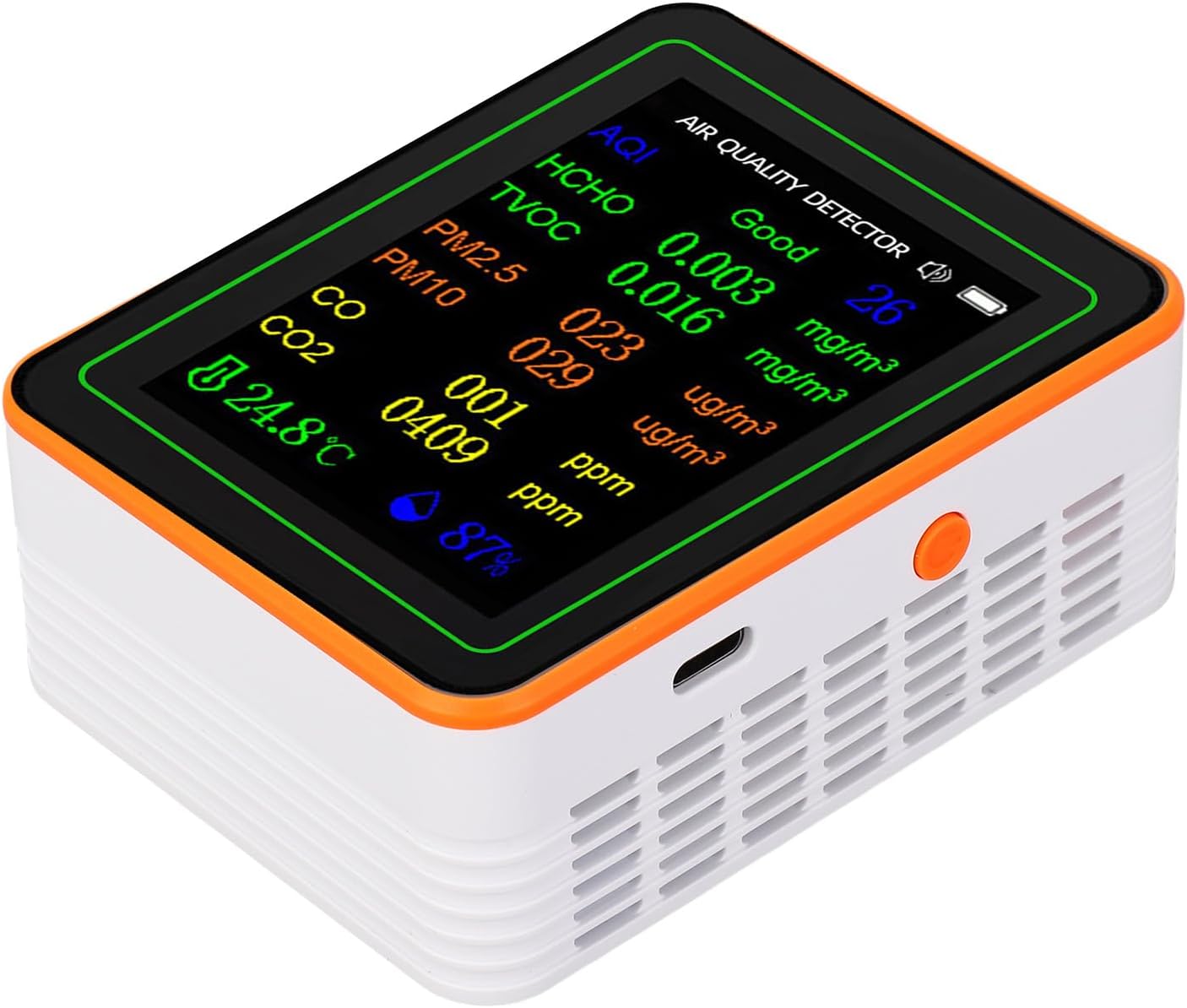 Air Quality Detector, Accurate CO2 TVOC HCHO PM2.5 PM10 Temperature Humidity Tester, Color Display Detector with Real Time Data, for Home, Office & Greenhouse (White (White Orange)