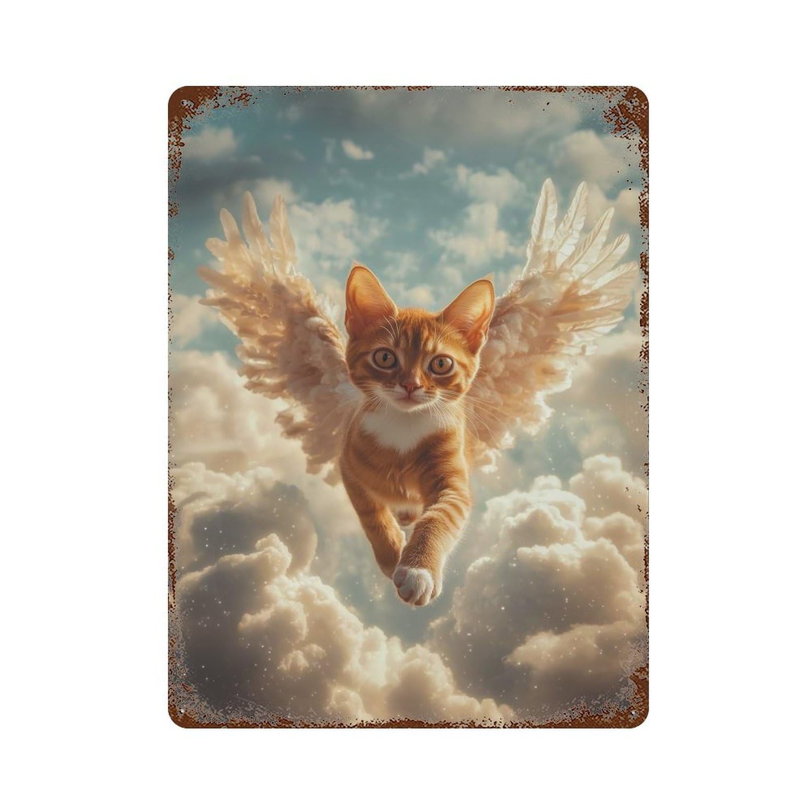 Distressed Metal Wall Sign with Cat Memorial Decor Angel Cat in Flight Design 15.7"x11.8", for Living Room, Hallway And Home Decor, Vintage Wall Decor