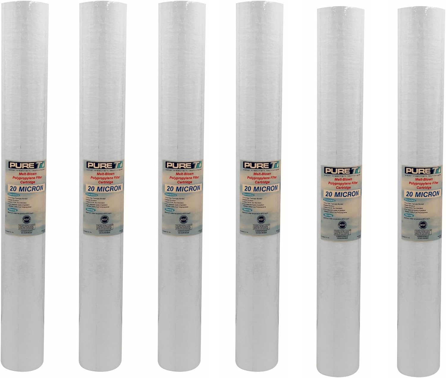 PureT GCB2000020 20x2.5" Water Sediment Depth Filter - NSF Certified - Spun Poly Filter Removes Sediment and Other Organic Debris (20 u Micron Rated) (6 Pack)