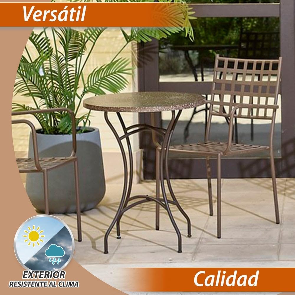 LOLAhome Mesa mármol y 2 sillas de jardín Cartago Marrón Oxido | Estilo Hierro Forjado | Mesa Ø60x72 cm | Sillas 56x61x90 cm Contract, Resistentes, Apilable y con Brazos | para Exterior | Cartago