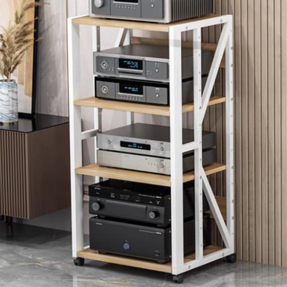 CWCQGH Adjustable 5 Tier Media Stand with Wheels Movable Audio Rack for Stereo & Height Adjustable Media Storage Cabinet Black Finish Perfect for Home Theater & Entertainment Ce,White-4 Tier