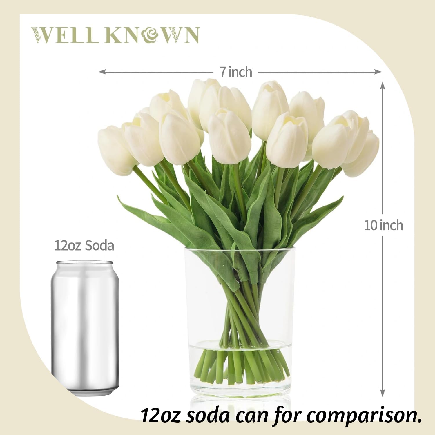 WELL KNOWN 20 Pcs White Tulips Artificial Flowers in Vase, Fake Flowers in Glass Vase, Real Touch Fake Tulips Artificial Flowers in vase with Faux Water for Home Decoration, Dining Table - Image 3