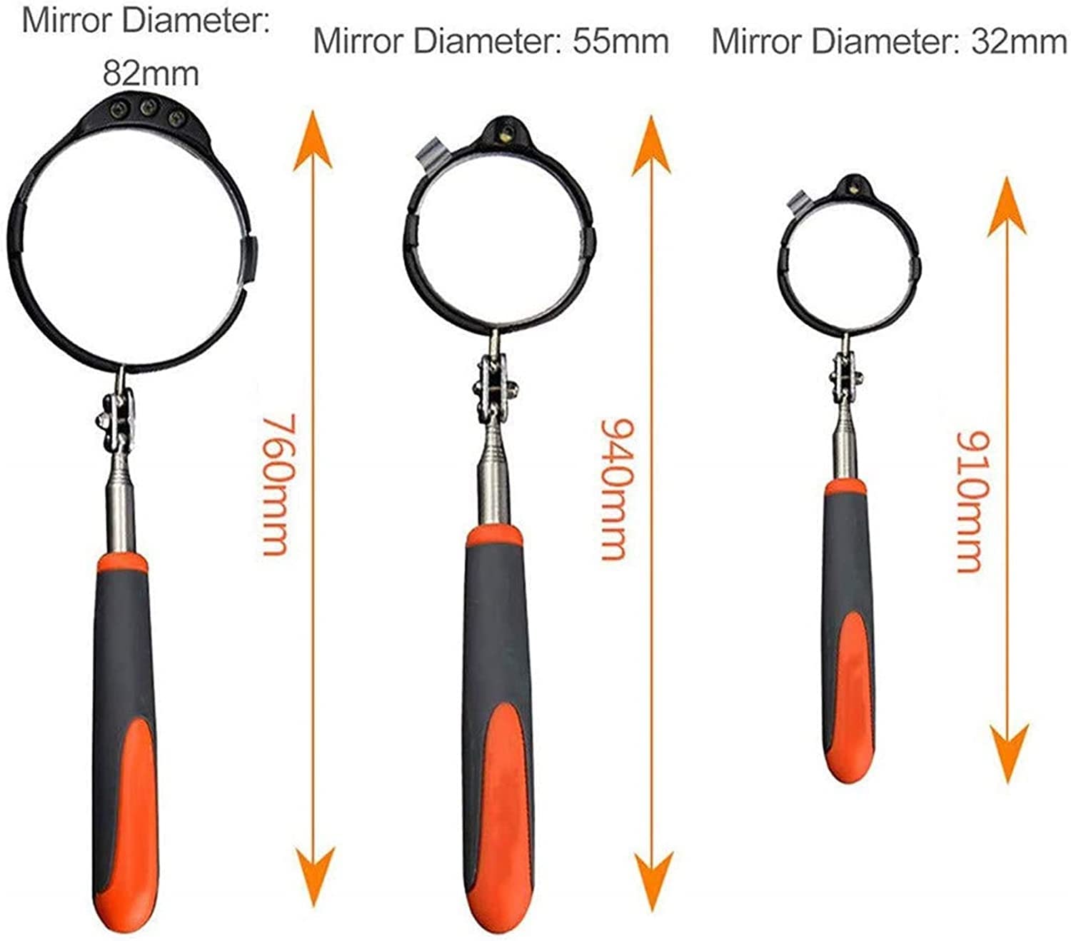 Miroir d'inspection télescopique avec éclairage, 3 pièces, pour Inspection sous véhicule, Entretien du châssis, Longueur télescopique : 760 mm/910 mm/940 mm