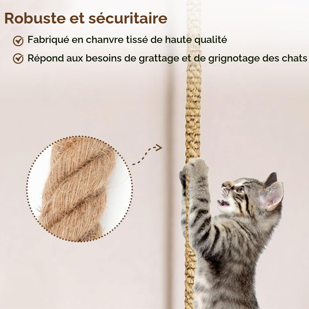 Corde à Grimper pour Chat, Jouet Grimpante pour Chaton, Poteau en Jute de 3 M (9,8 Pi) avec Crochet et 3 Vis de Fixation pour Plafond ou Mur