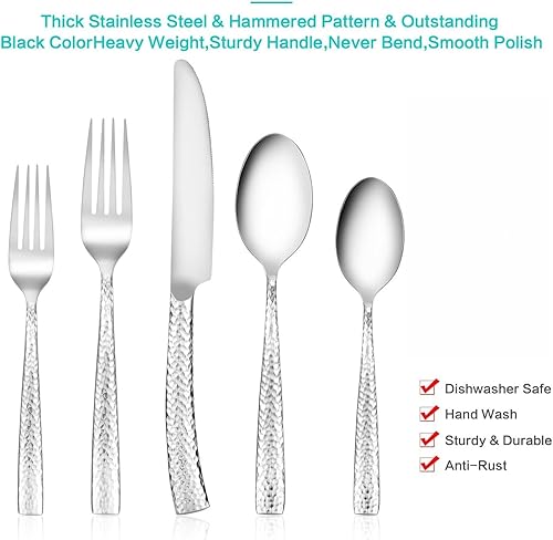 Miniatura 6 de Juego de cubiertos de acero inoxidable pulido con espejo martillado, juego de 20 piezas para el hogar, cocina, restaurante, hotel, inauguración de