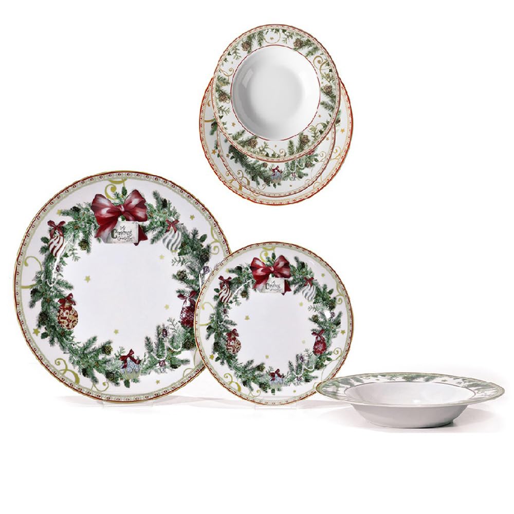 Servizio Piatti di Natale completo per 6 Persone 18 PZ ghirlanda fiocco rosso in Porcellana tavola elegante natalizia decorazioni agrifoglio pigne palline idea regalo