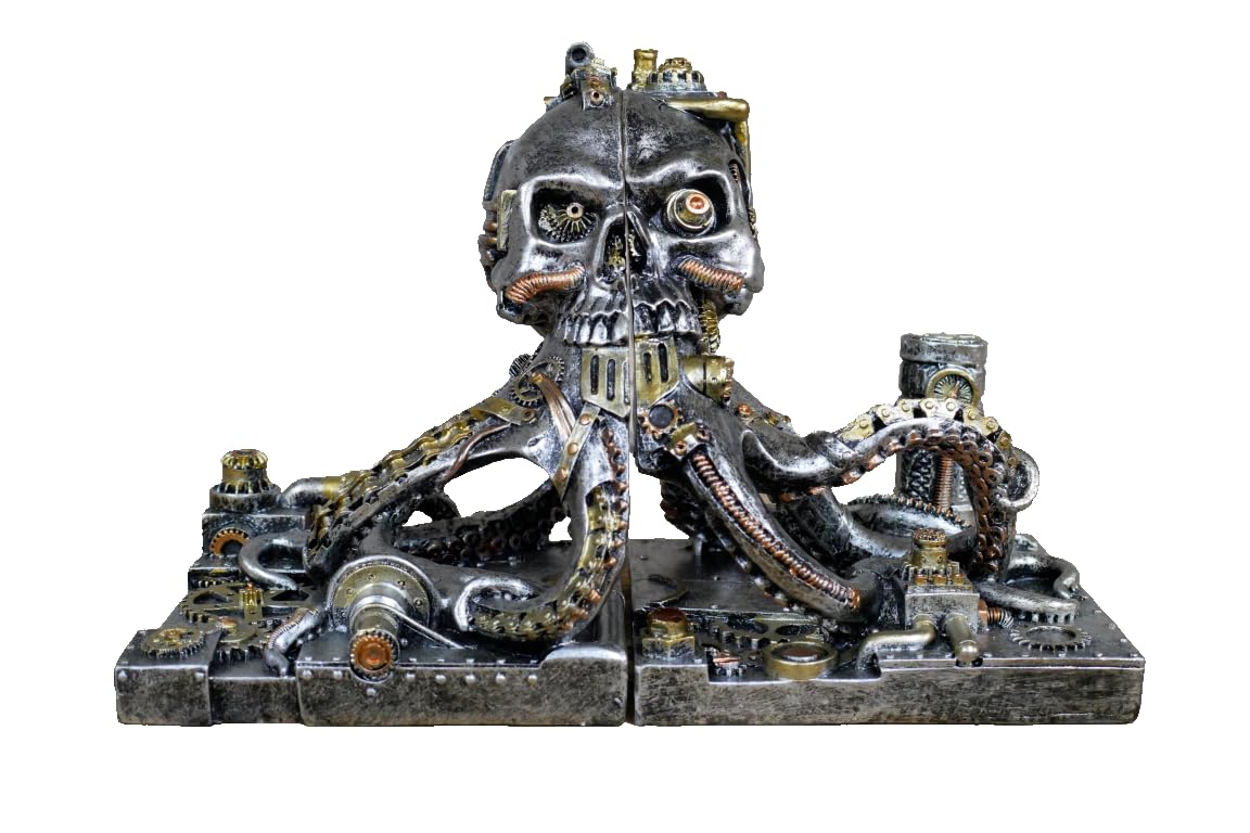 Venture Vehicles Ltd Silver Steampunk Style Gothic Skull & Octopus Resin Bookends
