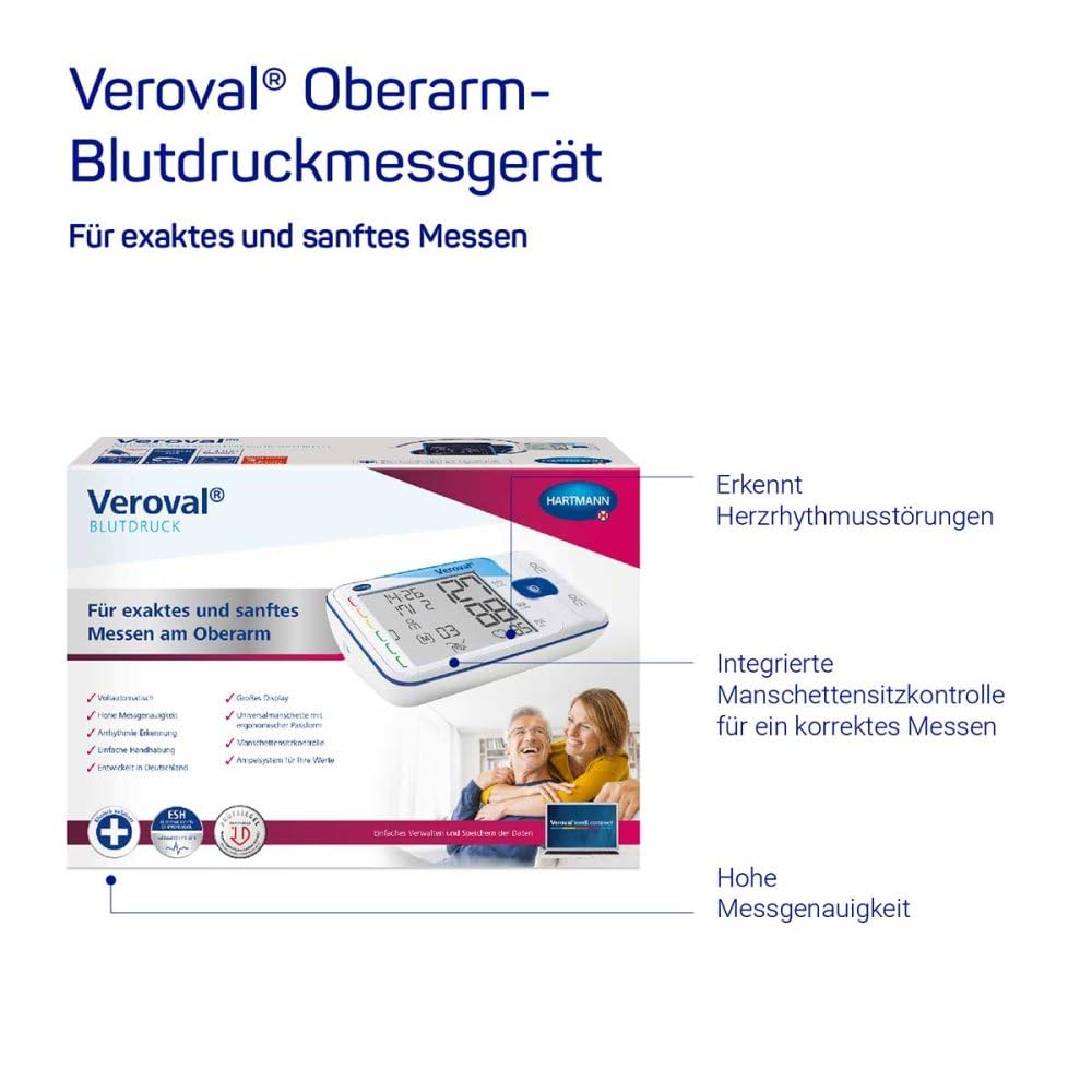 VEROVAL Medidor de presión arterial en la parte superior del brazo: el monitor de presión arterial para una medición fácil y rápida, con manguito ergonómico Secure-Fit