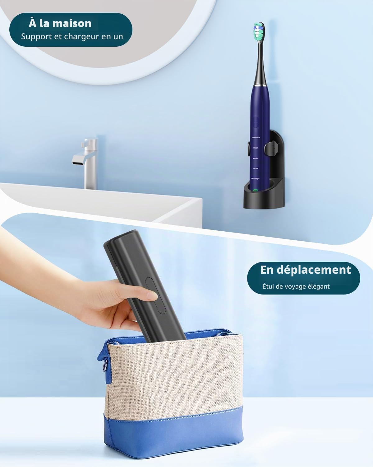 Brosse à dents électrique sonique pour adulte - Brosse à dents électrique à ultrasons avec étui de voyage et station de charge - Avec 8 têtes de brosse, 5 modes de brossage - 40 000 VPM