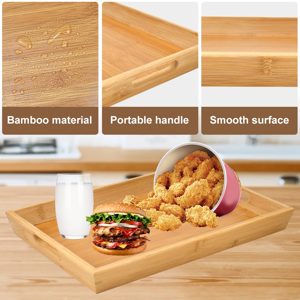 Plateau De Service En Bambou ADERTOS 37x26x4cm - Avec Poignées, Plateau Repas Rectangulaire Pour Thé, Café, Apéritif