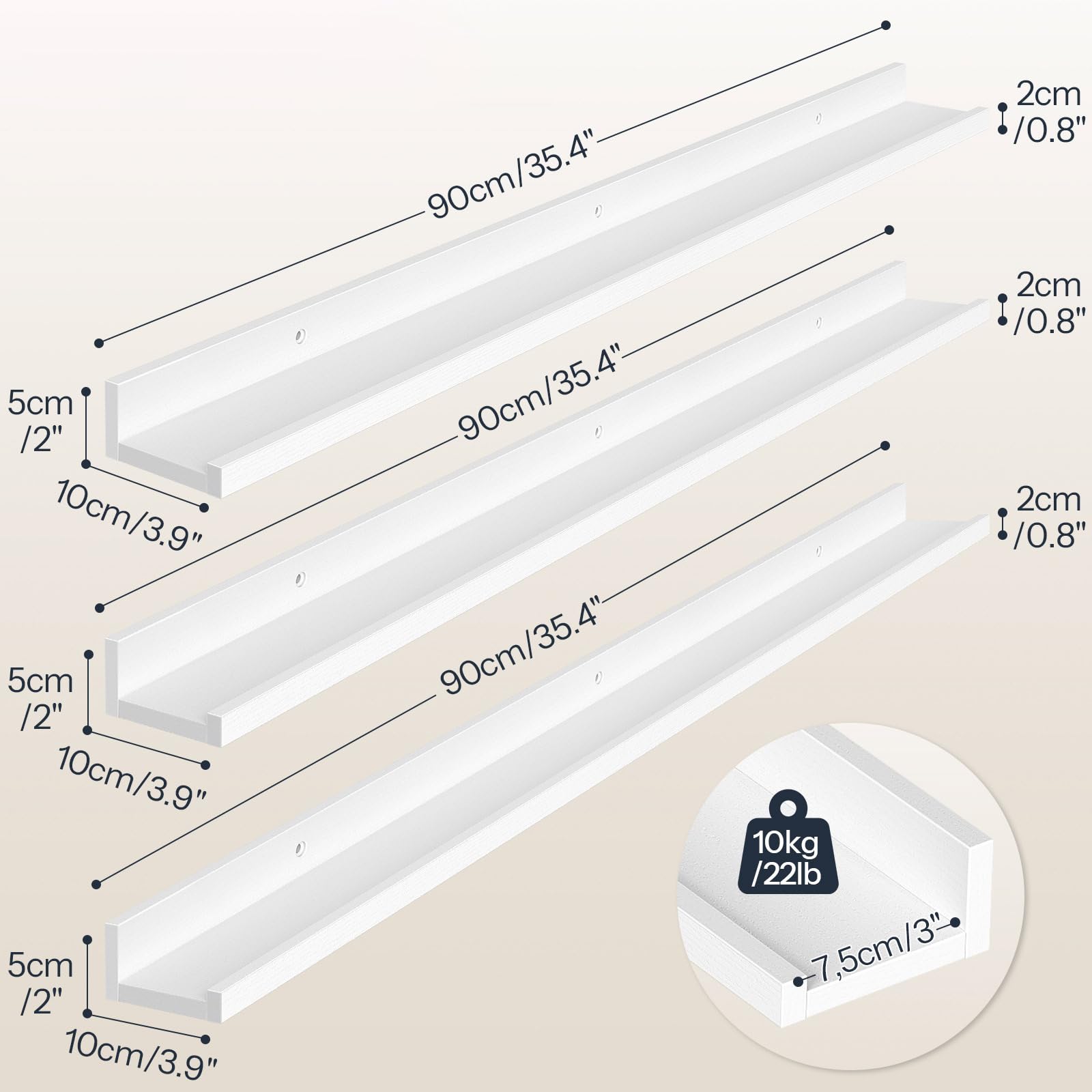 HOOBRO Étagères Flottantes, Étagères Murales, Lot de 3, Étagères Suspendues de 90 cm avec barrières surélevées et Attaches Invisibles, pour Salle de Bain, Chambre, Bureau, Blanc EWT90BJ01