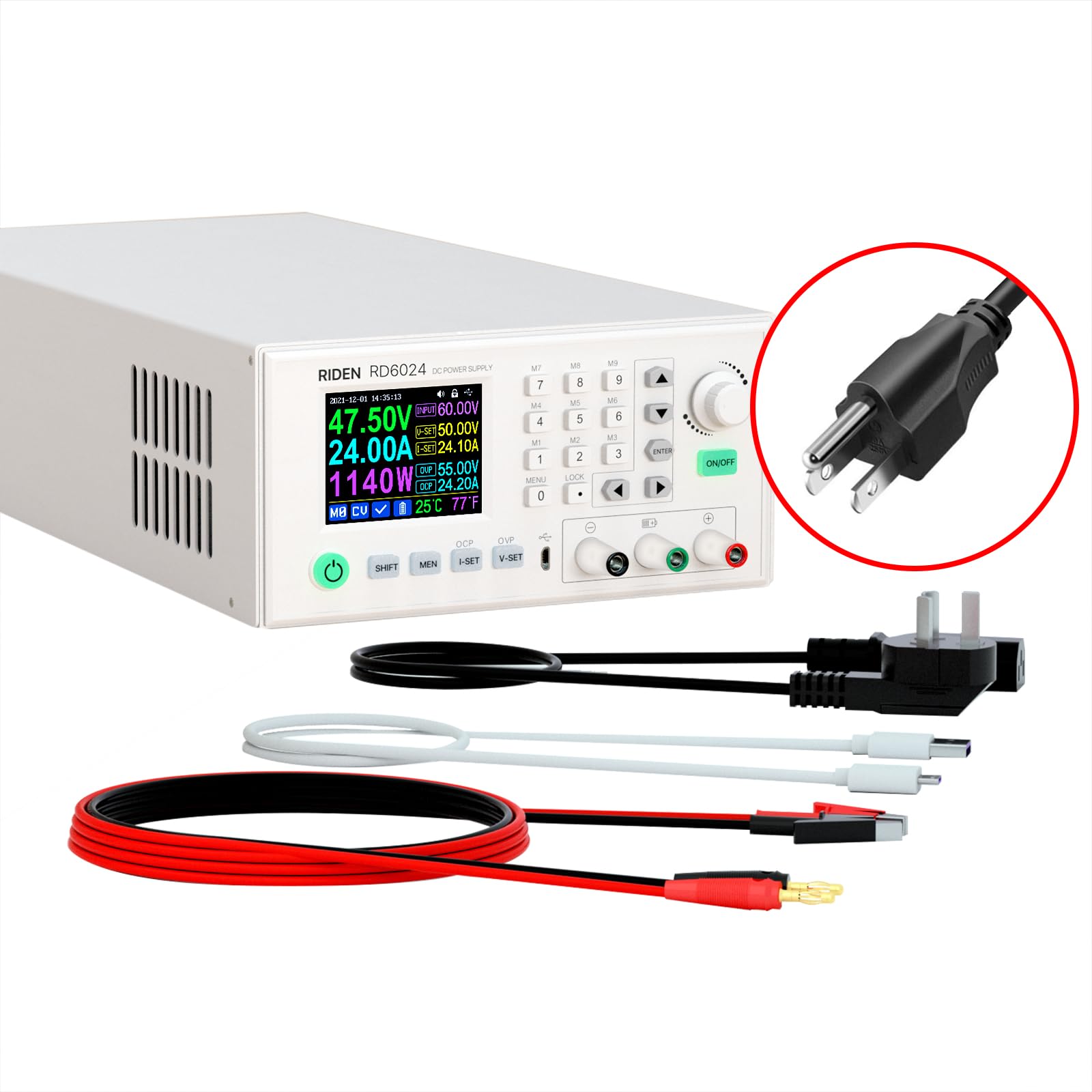 Image of the assembled RD6024 power supply connected to an AC outlet and with output cables attached, showing its display.