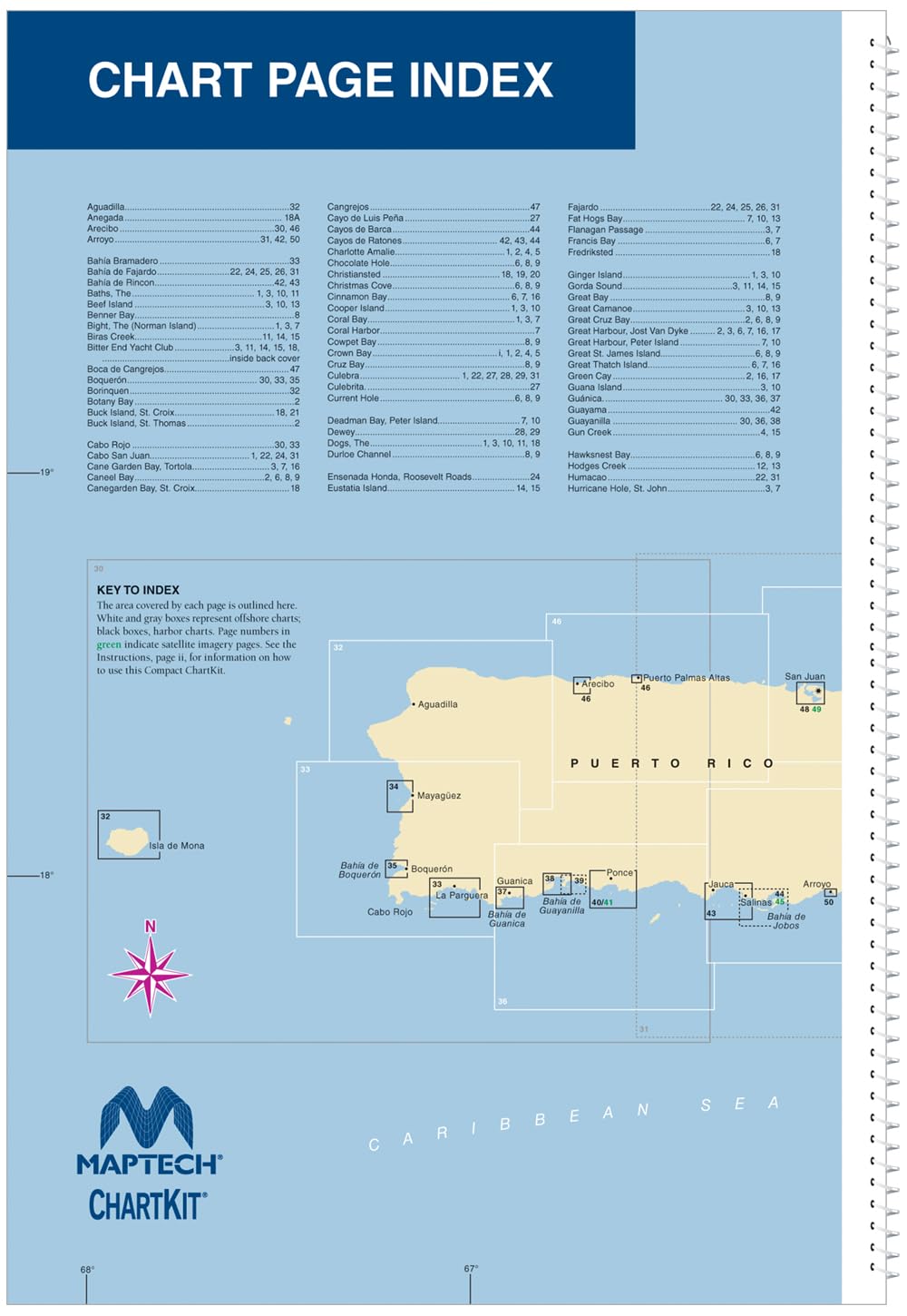 MAPTECH Compact ChartKit and Cruising Guide, Virgin Islands and Puerto Rico, 8th Edition, 100 Pages Full-Color Charts, Spiral Bound, 18" x 12.6
