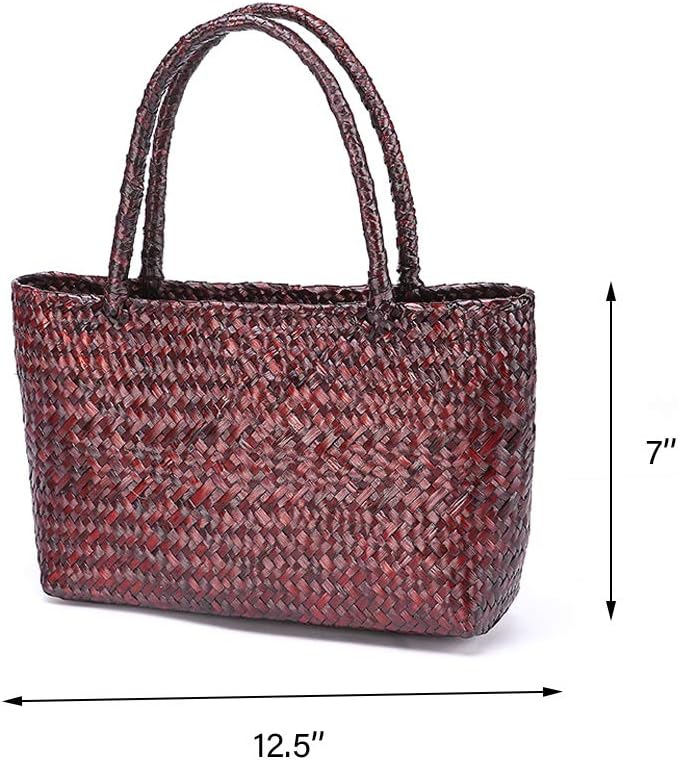 Hand-woven Large Retro Straw Shoulder Bag for Women Summer Beach Boho Rattan Tote Travel Bag with Straw Top Handle (Red) - Image 2