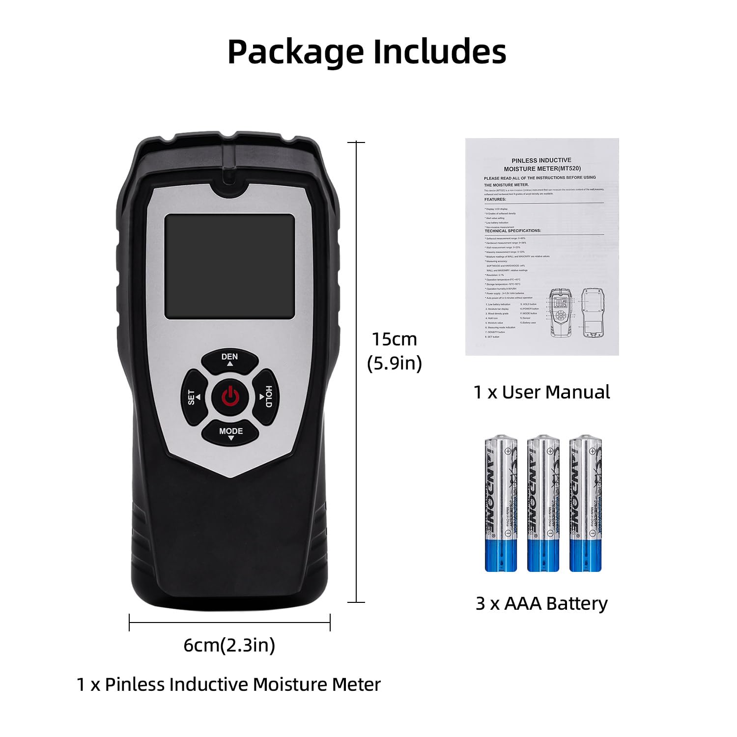Mcbazel Misuratore Umidità Muri Digitale, Rivelatore di Umidità Igrometro, Moisture Meter per Legno, Pareti, Intonaco, Muratura, Profondità di Analisi 0-50 mm