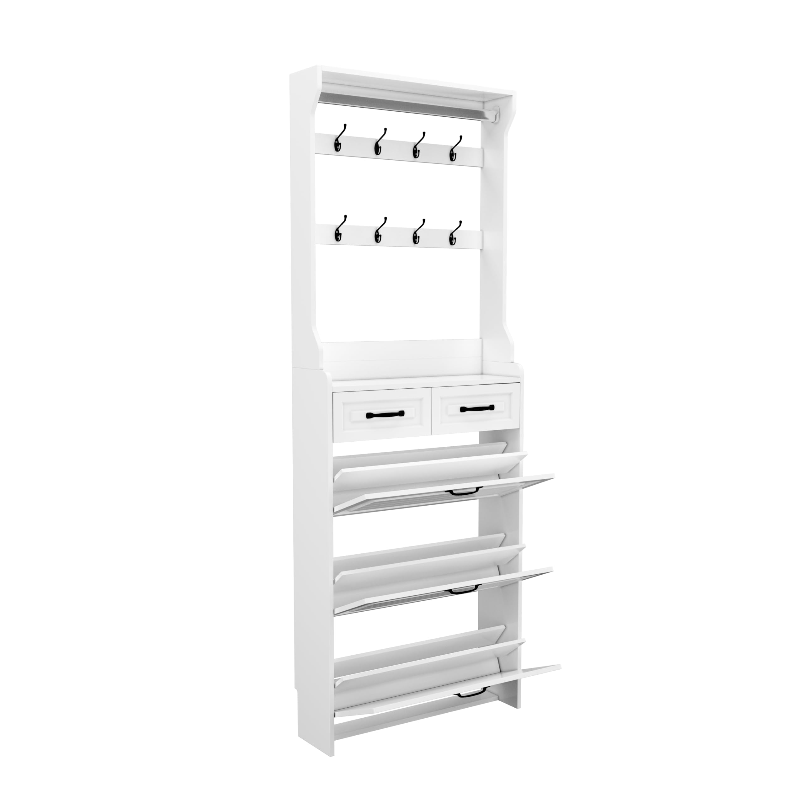 Refined White Shoe Cabinet with Hanger 3 Doors 2 Drawers