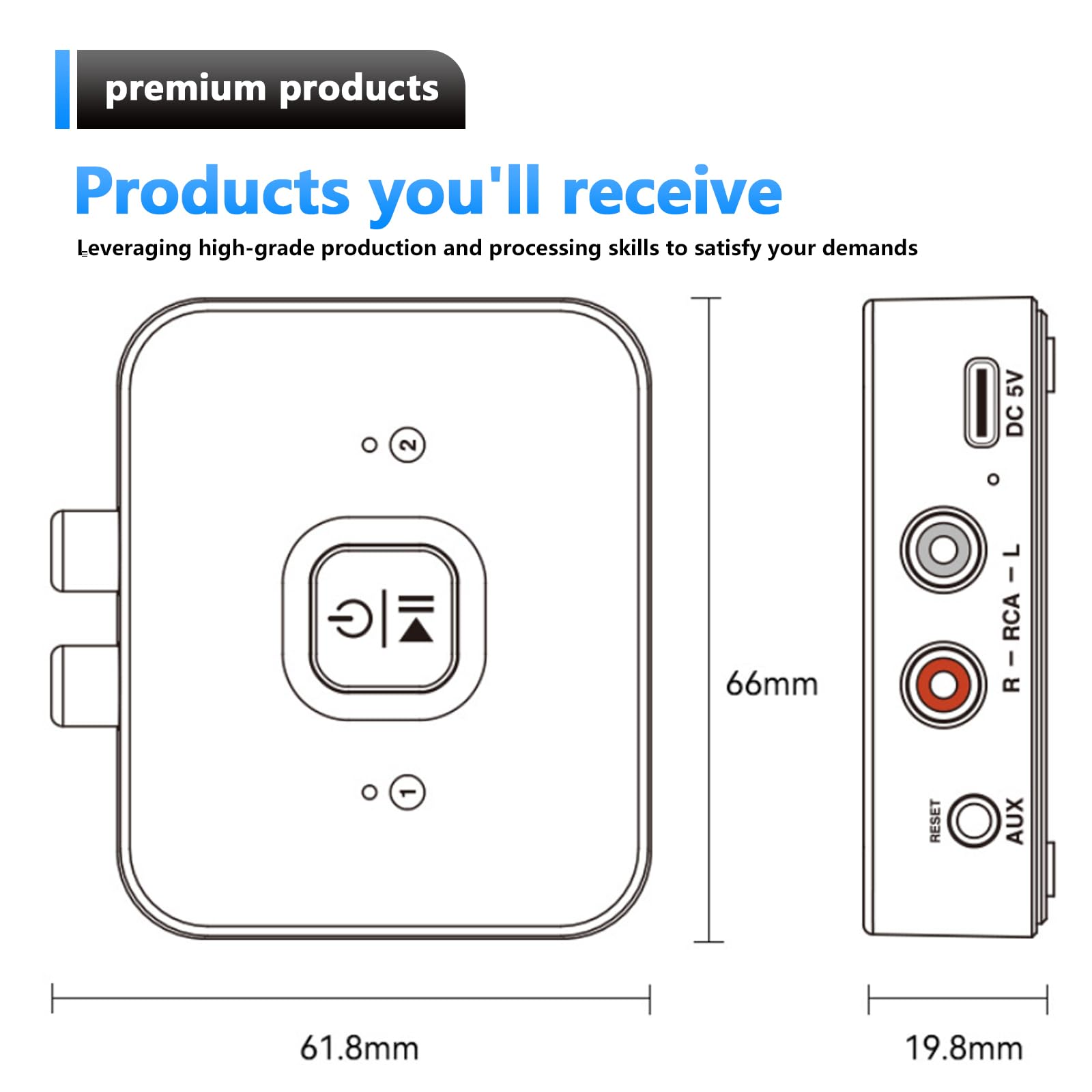 Receptor Bluetooth 6.0 con conector jack de 3,5 mm y RCA, adaptador de audio HiFi con modo de graves para estéreo y altavoces, receptor inalámbrico azul para smartphone, tablet y receptor AV