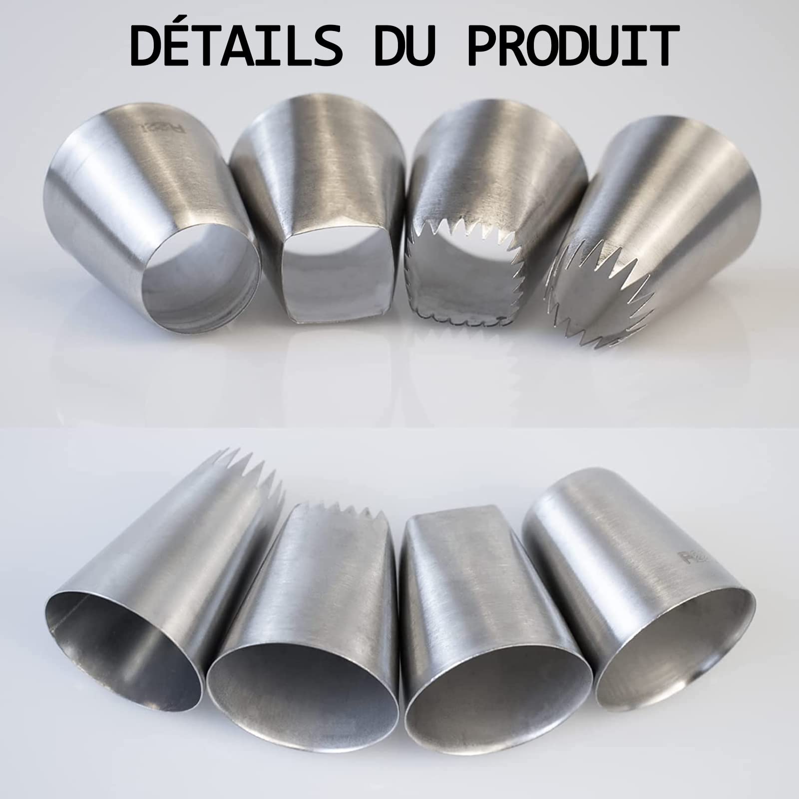 Lot De 4 Douilles à Pâtisserie En Inox + 2 Poches à Douille - Grandes Et Petites Tailles Rondes - 9