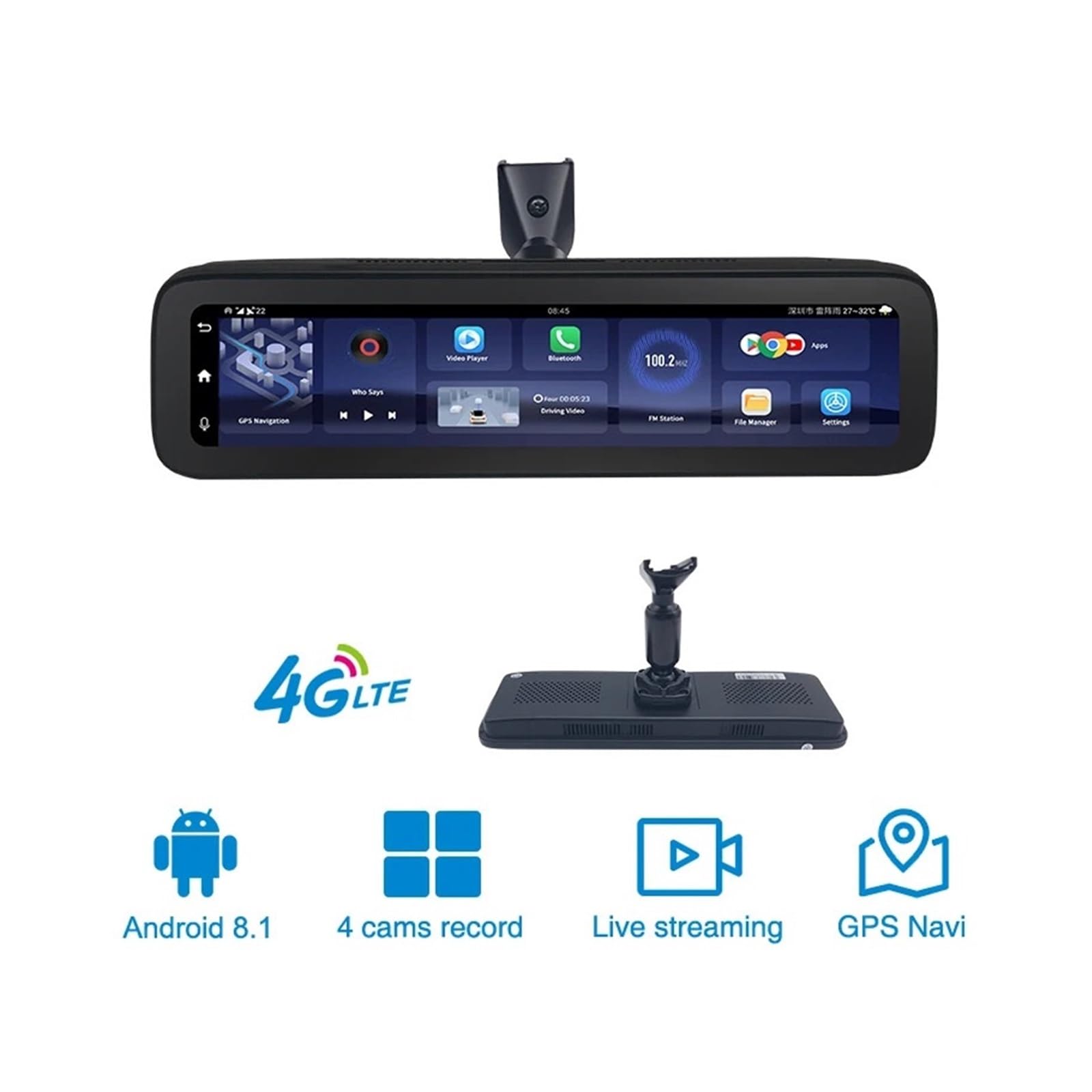 Grabadora de Video para salpicadero con 4 cámaras, 4 Canales, Pantalla táctil IPS de 12", 2+32 píxeles, Android 8.1, GPS, 4K, HD1080P(64G)