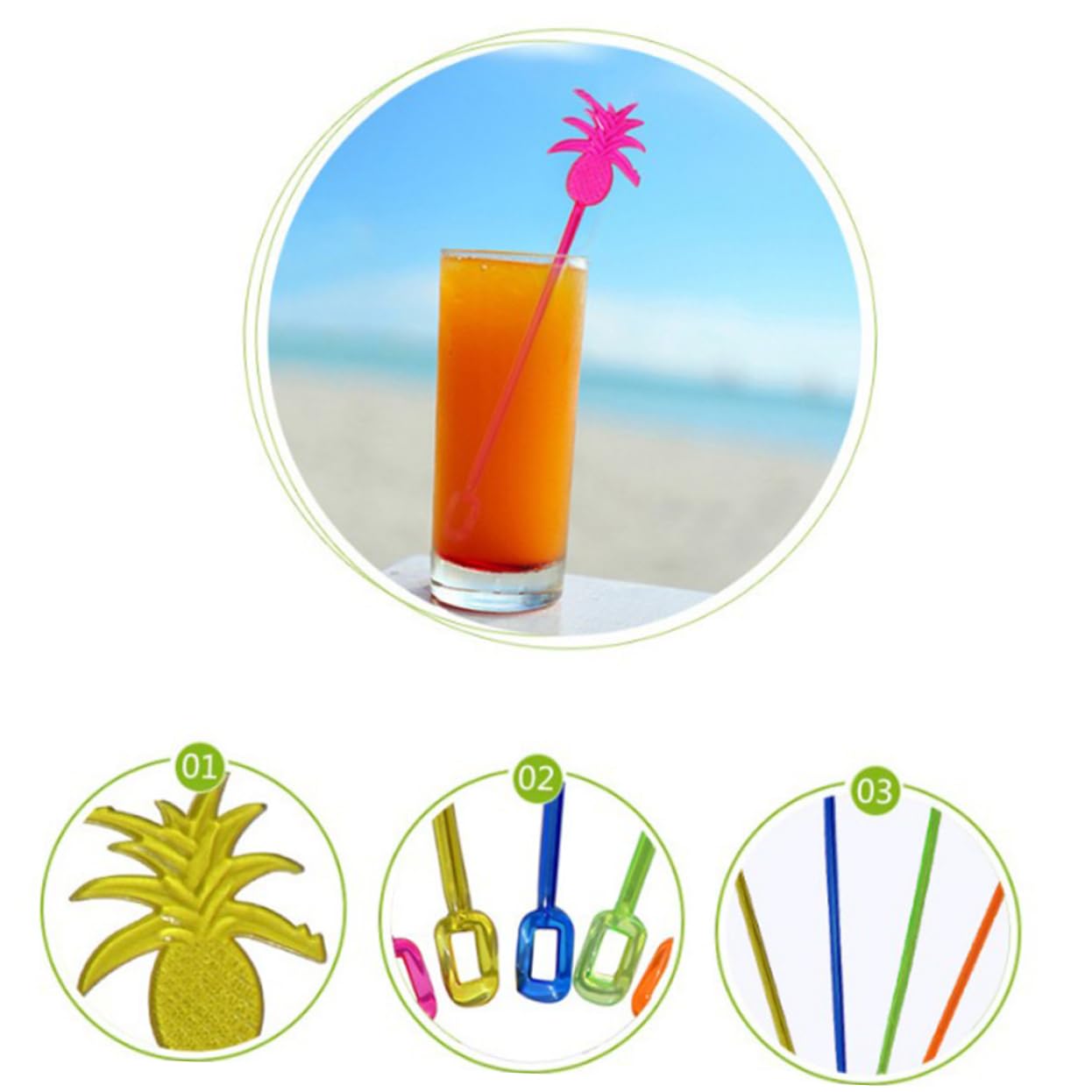 KICHOUSE 20pcs Assorted Flexible Drink Mixer Sticks Pineapple Decorated Stirrers Stirring Sticks for Cocktails Juices