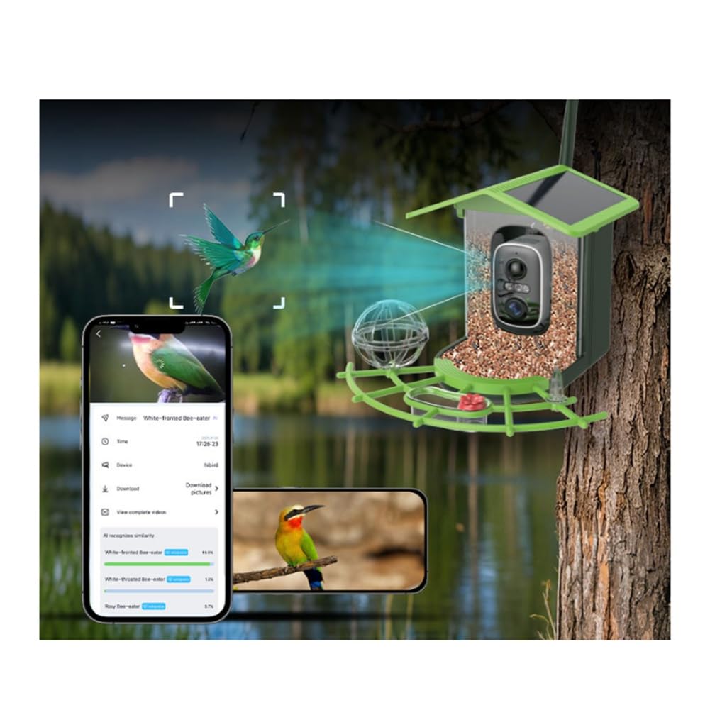 Comedero para Pájaros de 4 MP, 2K HD, Captura de Vídeo de, WiFi, Energía Solar, Carga Tipo C con Panel Solar, Alertas Instantáneas, Observación de