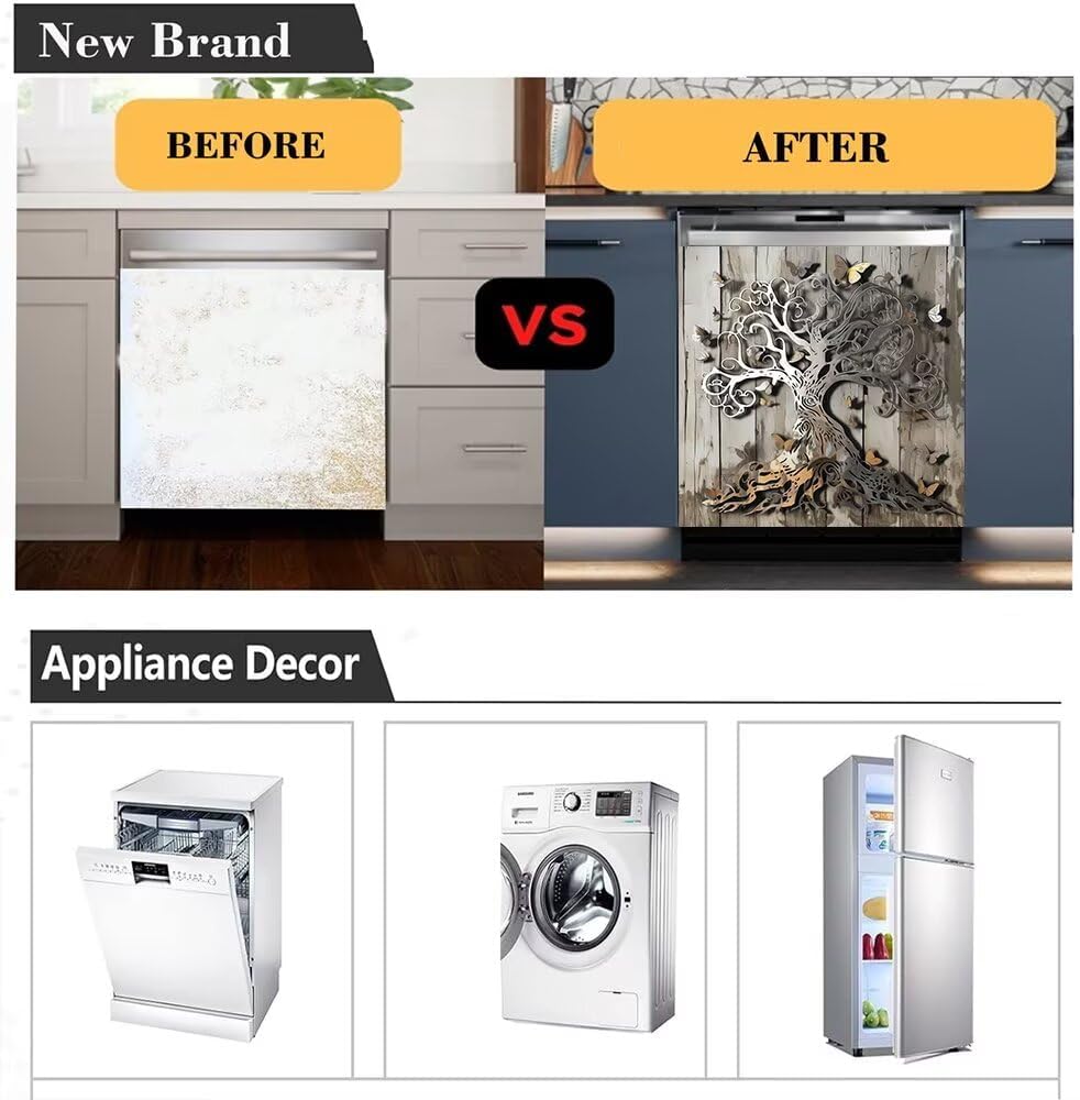 Retro Tree of Life Dishwasher Magnetic Cover,Tree Sticker Vinyl Dishwasher Cover,Wood Tree of Life Front Door Panel Decal Magnet Cover for Dishwasher Refrigerator Kitchen Decor,23"x 26"