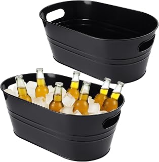 2 PCS 15.3 x 9 x 6 inches Black Metal Galvanized Tub with Handles, 3 Gallon Galvanized Beverage Tubs for Parties, Large Metal Drink Ice Buckets for Beer, Wine, Cocktails & Outdoor Events