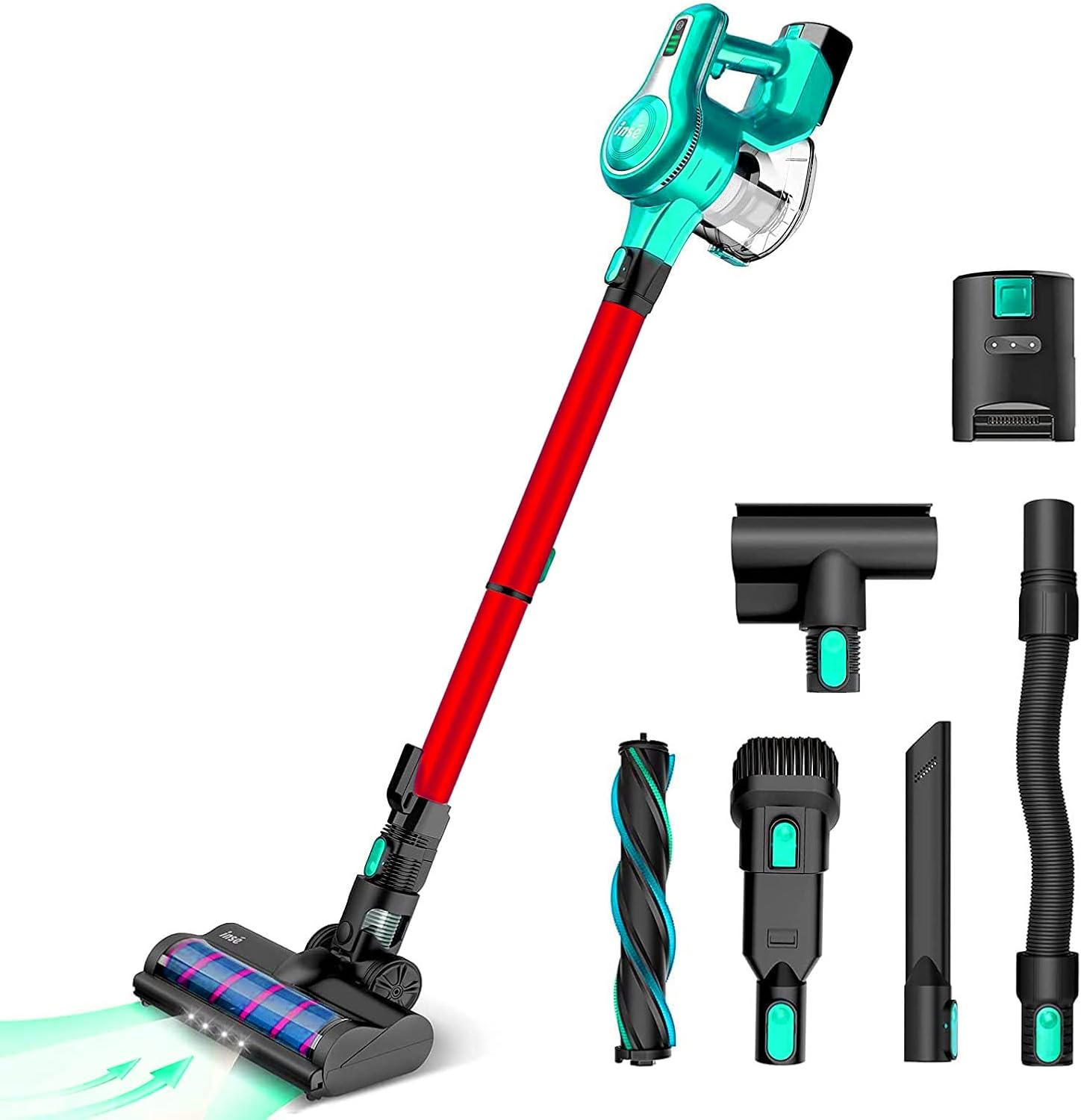 INSE Cordless Vacuum Cleaner, 23Kpa 265W Powerful Suction Stick Vacuum Cleaner, Up to 45min Runtime, Rechargeable Battery Vacuum, 10-in-1 Lightweight Vacuum for Carpet Hard Floor Pet Hair, S6T Cyan