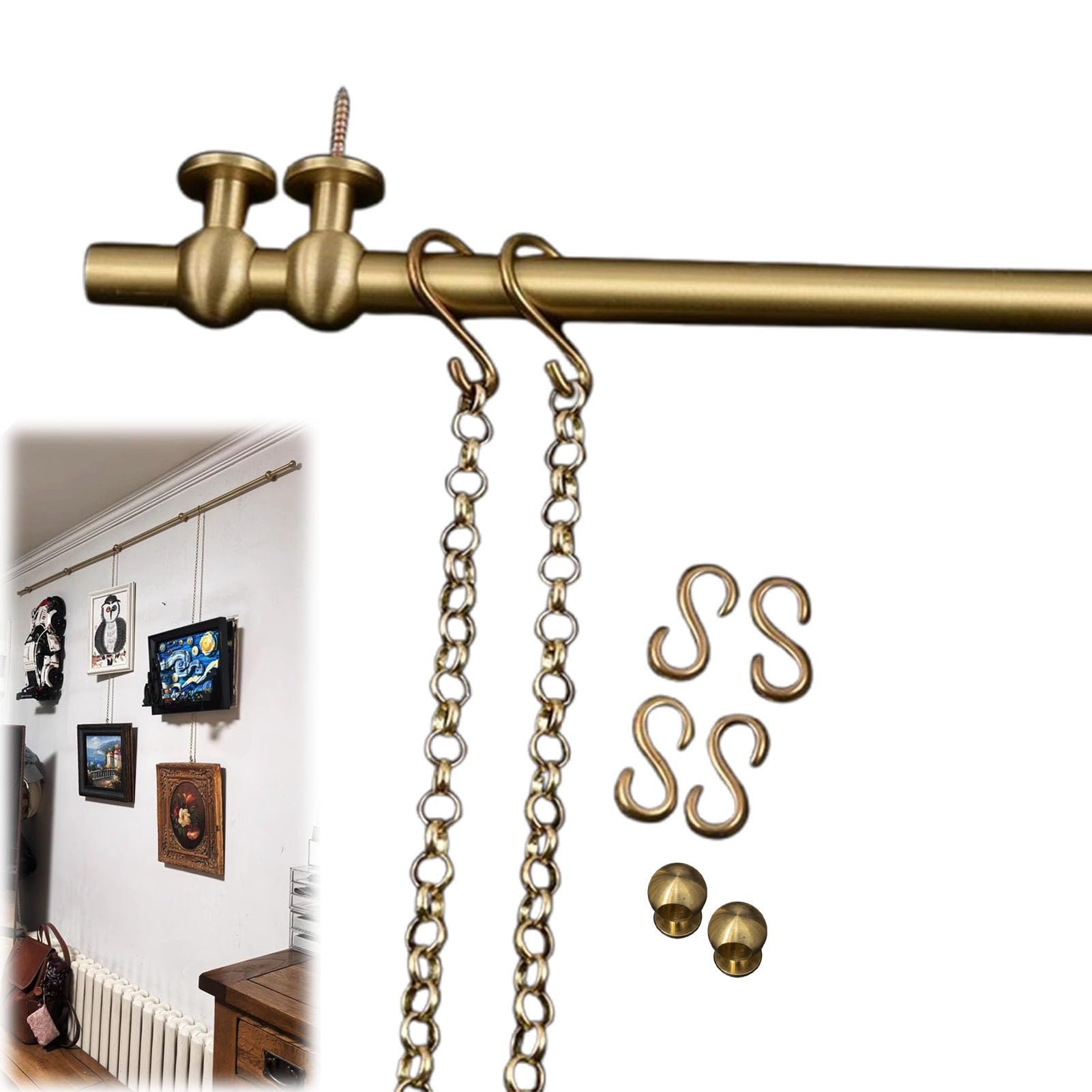 Oracra 19.6" - 98.4" Brass Rail Picture Frame Hanging, French Style Multi Photo Hanging Wire Kit for Living Room, Exhibit, Custom Indoor Picture Hanger Rod(2.5m/98.4in/8.2ft)