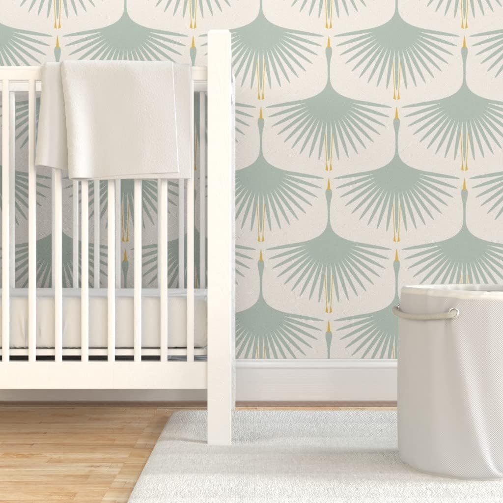 Peel & Stick Wallpaper Swatch - Art Deco Swans Coastal Nautical Pale Blue Beige Wingspans Flying Feathers Birds Herons Custom Removable Wallpaper by Spoonflower