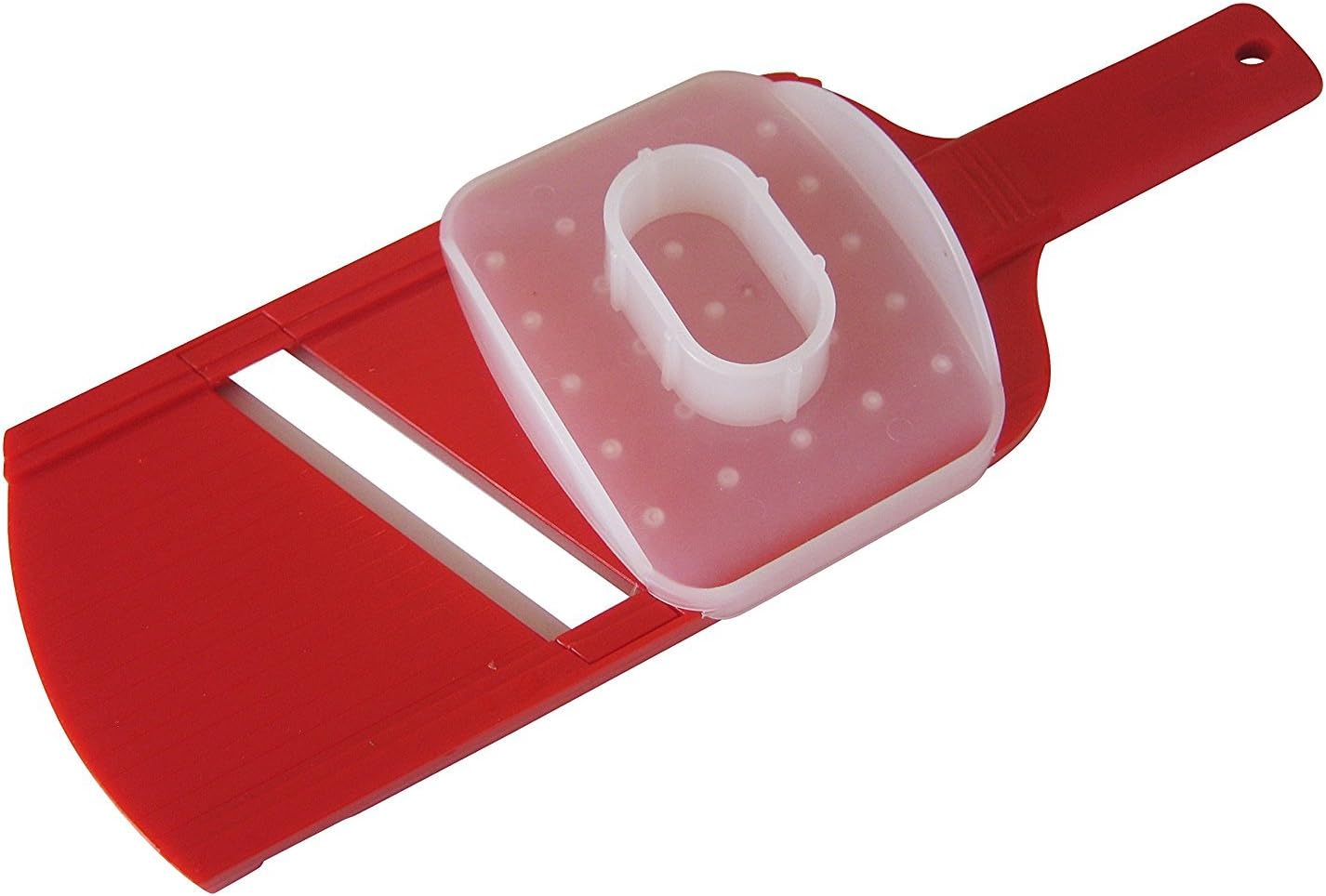 Hand-Held Mandoline Slicer. Ultra Thin Cucumber Potato Apple & Food Cutter. Small BPA free Mandolin Fits any Kitchen. Dishwasher Safe. Ceramic Blades Cut Vegetables like Professional. Hand Guard. Red