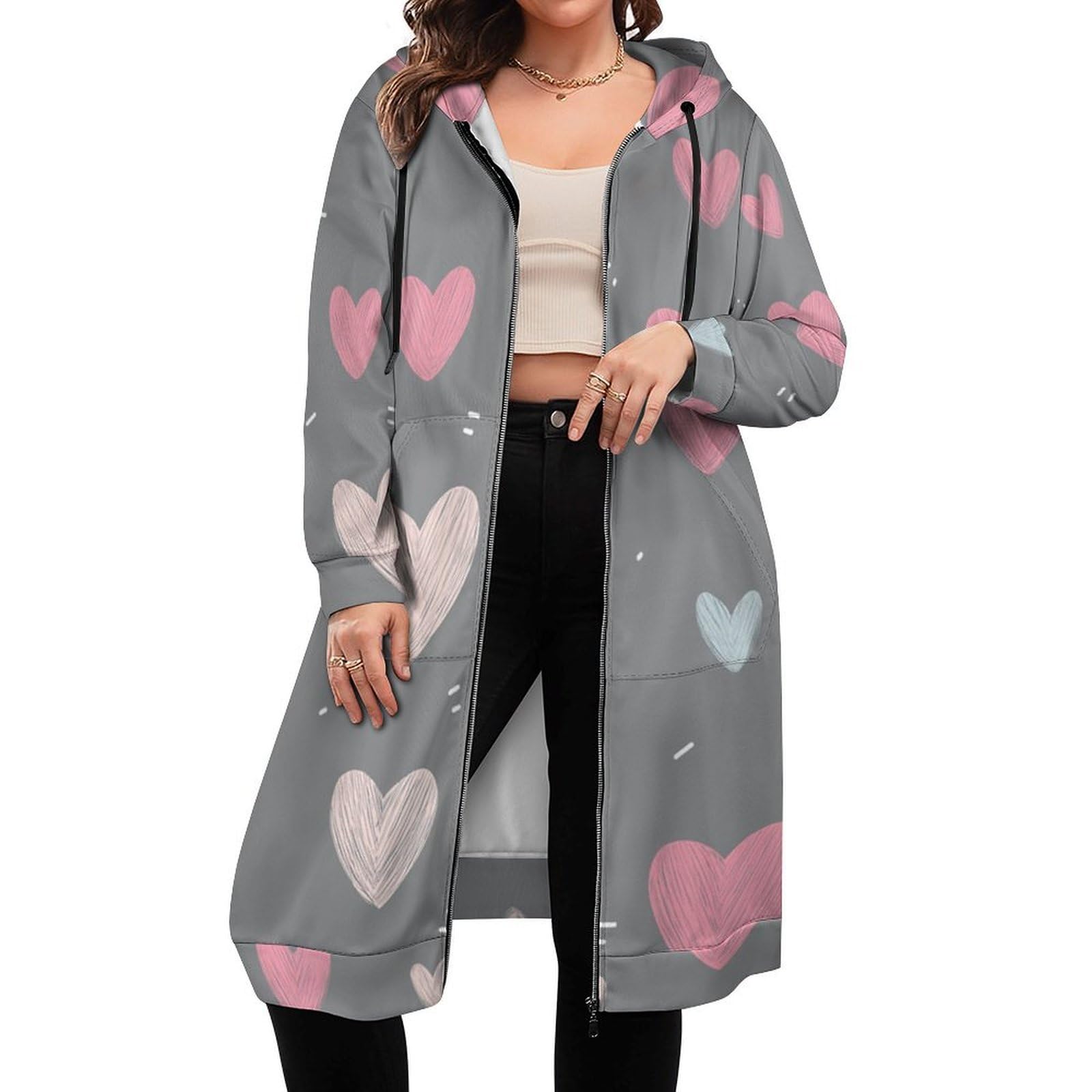 Felpa Donna con Zip Felpe Sportiva con Tasche E Cappuccio Motivo d'Amore Morbida Invernale Giacca Regolabile Confortevole per Uso Quotidiano Casual