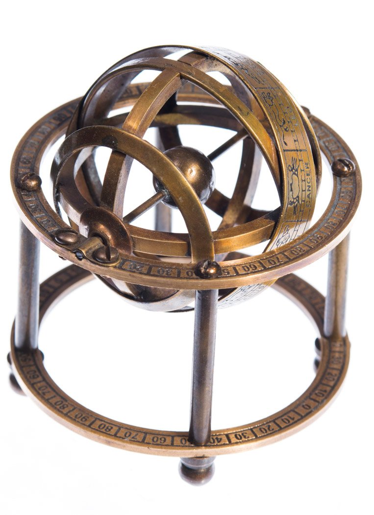 Armilläre kula z mosiądzu astronomiczna 9 cm Vintage pirat kula steampunkowa