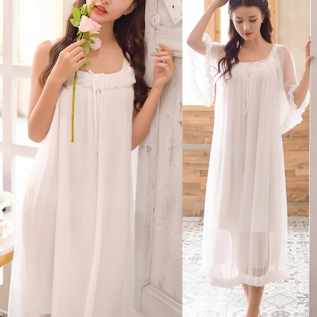 Womens Sexy Vintage Loungedress Nightgown 2 pcs Victorian Sleepwear Nightshirt Girls Pajamas - Image 5