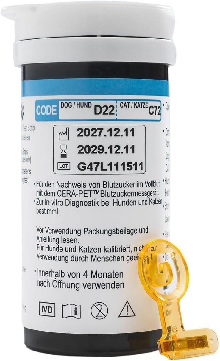 Blutzuckermessgerät für Tiere I Geeignet für Hunde und Katzen I Vorteilspack: Zusätzlich 50 Blutzuckerteststreifen und 50 Lanzetten im Sparpaket