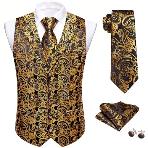Image of Barry.Wang Mens Silk Lapel /Shawl Collar Vest Tie Sleeve Holder Set Formal /Casual Paisley Vests Wedding Tuxedo Waistcoat