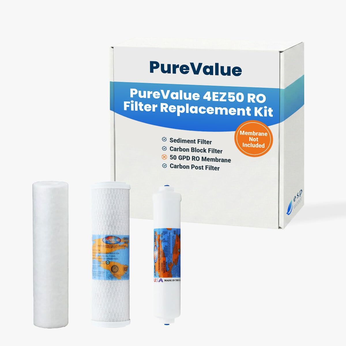PureValue 4EZ50 Water Filter Replacement Kit - Reverse Osmosis Membrane Not Included, One-Year Bundle for PureValue RO System, Carbon, Sediment Water Filters, GAC Under Sink Filter, Made in USA