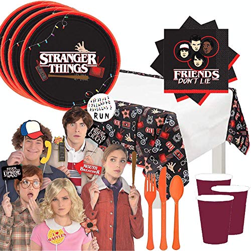 Stranger Things Party Supplies Pack With Stranger Things Dinner Plates, Cups, Napkins, Tablecover, Cutlery, 12 Photo Props, and Pin