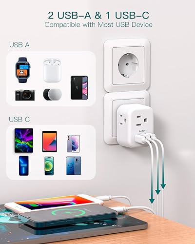 Miniatura 4 de Adaptador de enchufe de viaje de Alemania Francia, 3 tomas de corriente y 3 puertos de carga USB (1 USB C), adaptador de corriente internacional