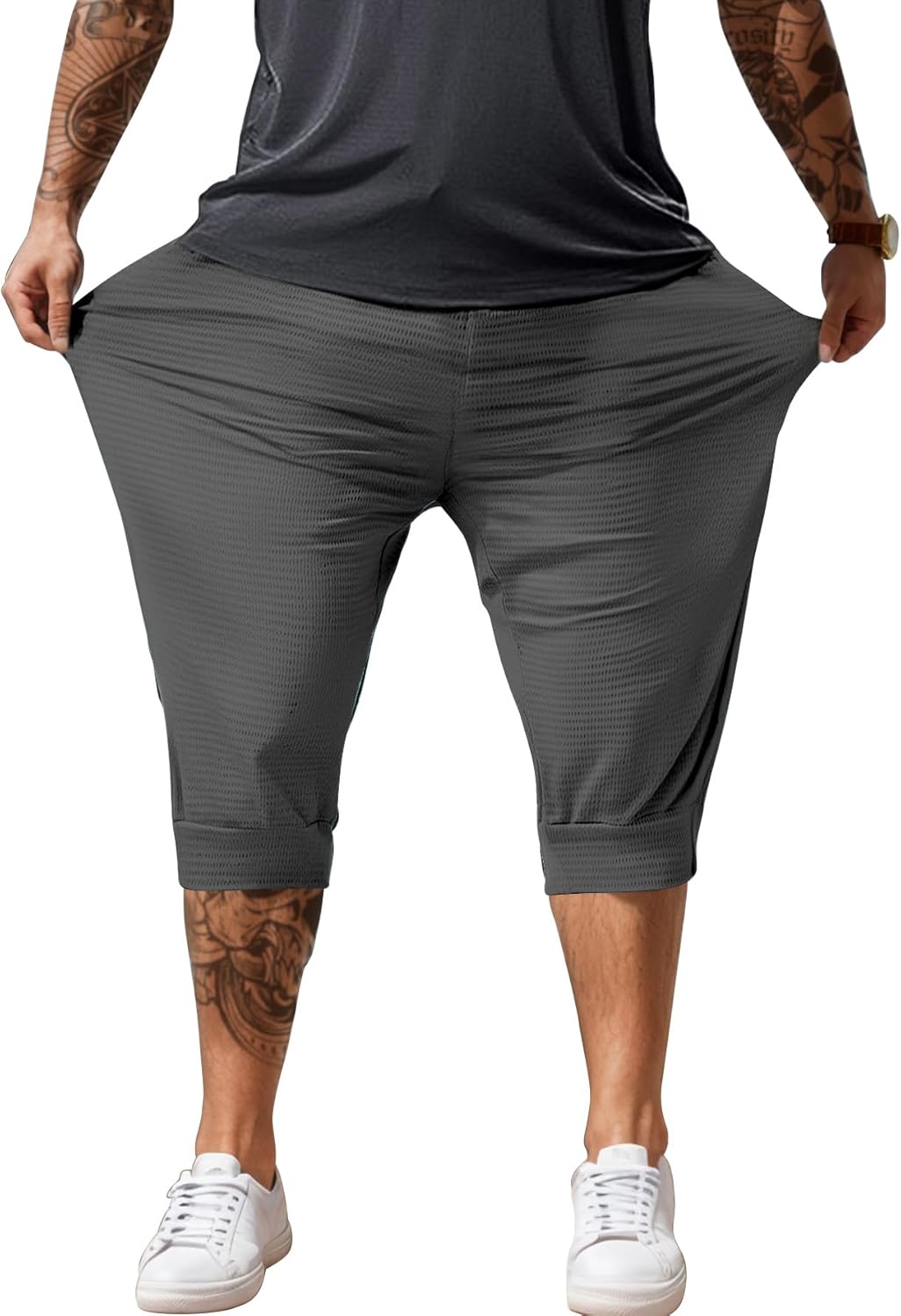 Hidkat Men’s Capri Pants 3/4 Long Jogger Sport Shorts,Workout/Gym/Yoga/Beach Shorts Quick Dry with Zipper Pockets