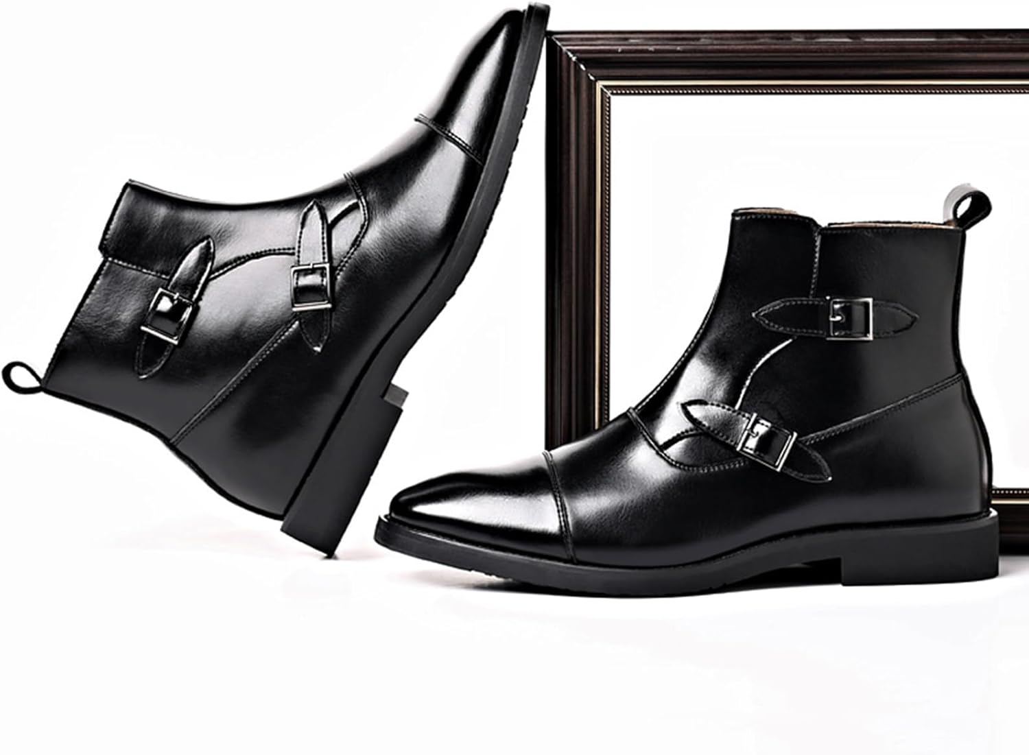 Men's Leather Cap Toe Buckle Chelsea Boots with Side Zipper British Style Slip-On Low Block Heel Chukka Ankle Boots Casual Business Formal Dress Boots - Image 3